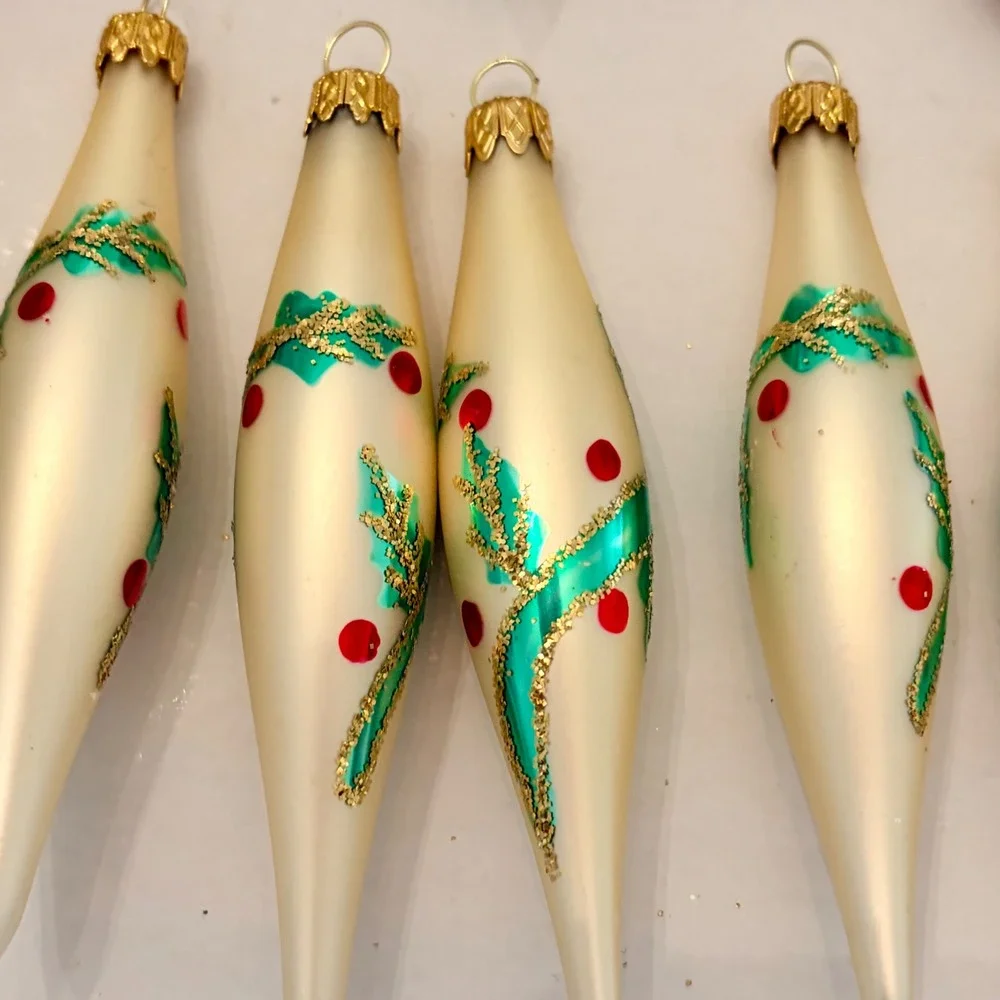 12pc Vintage Glass Christmas Ornaments Champagne Gold Green Holly Teardrop Set